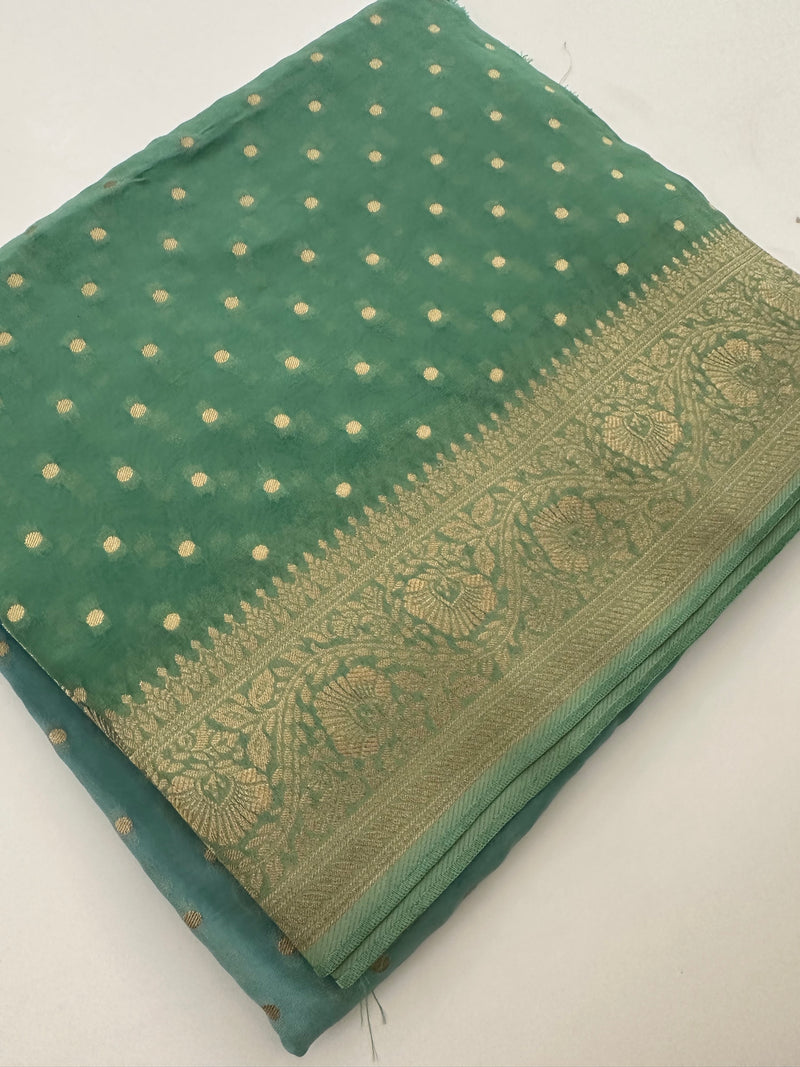 Light Blue with Pista Green Shade Georgette Designer Saree with Small Gold Butta JU24