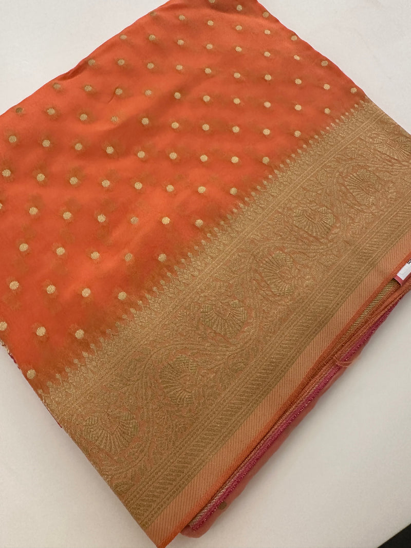 Baby Pink with Orange Shade Georgette Designer Saree with Small Gold Butta JU24