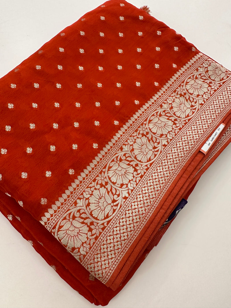 Rust Orange Chinon Georgette Saree with Silver Butti and Grand Leaf Pallu JU24