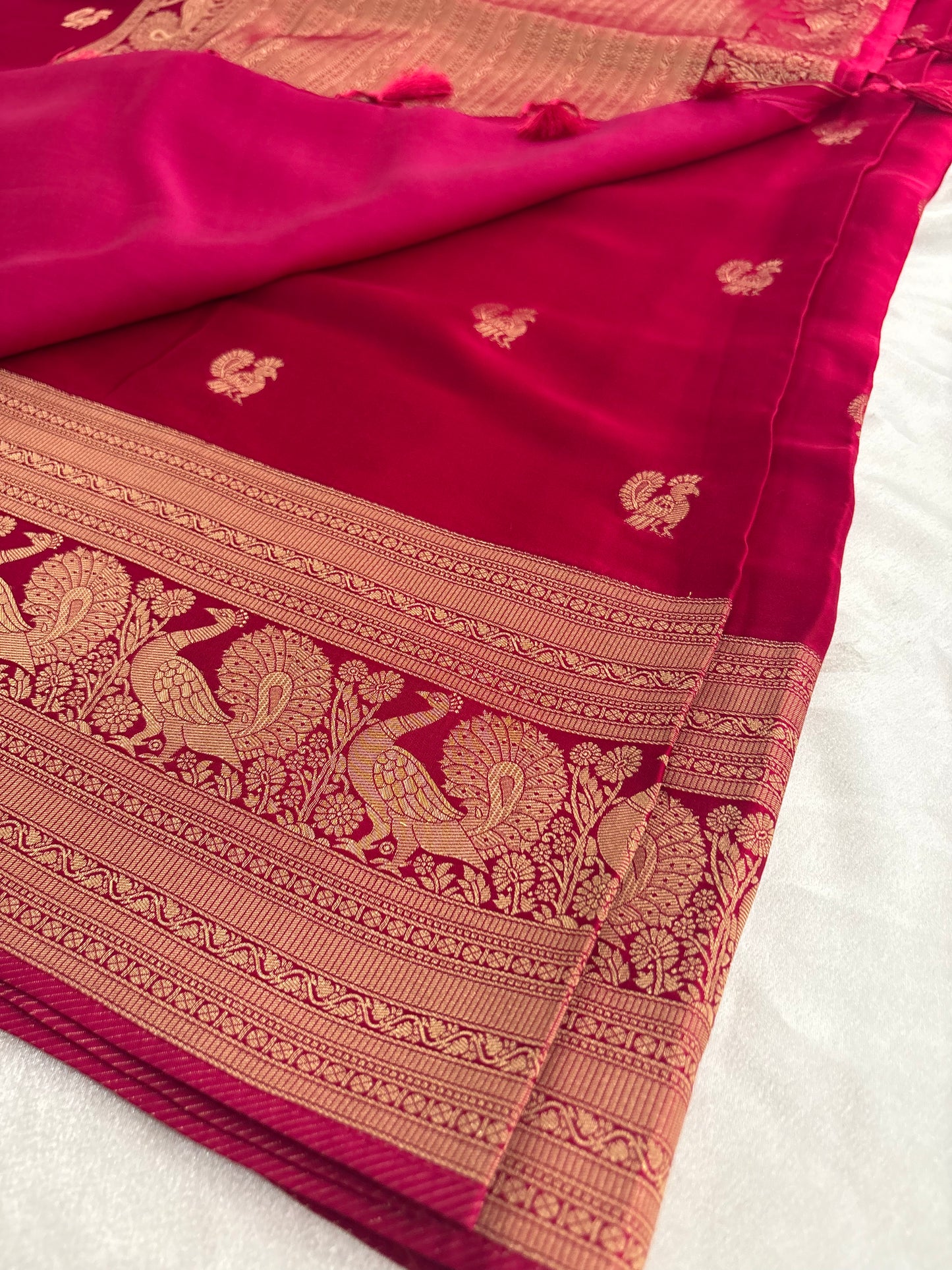 Rani Pink Satin Silk Saree with Peacock Butta AU3