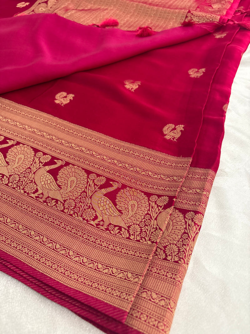 Rani Pink Satin Silk Saree with Zari Peacock Pattern and Bentex Border