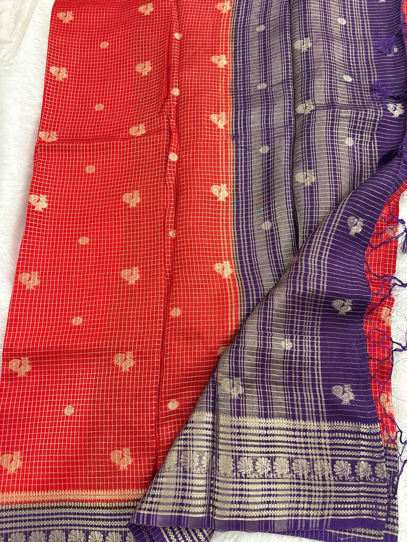 Orange into Purple Viscose Checks Saree with Peacock Butta SALE