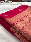 Rani Pink Satin Silk Saree with Zari Peacock Pattern and Bentex Border