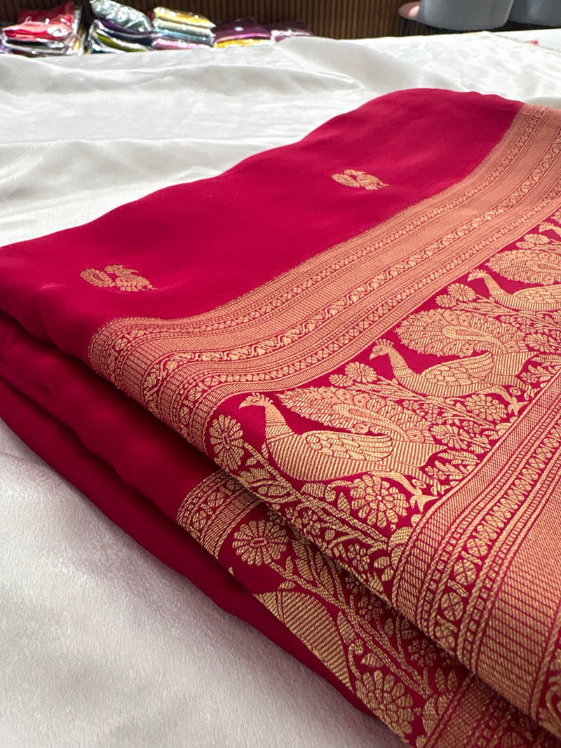 Rani Pink Satin Silk Saree with Zari Peacock Pattern and Bentex Border
