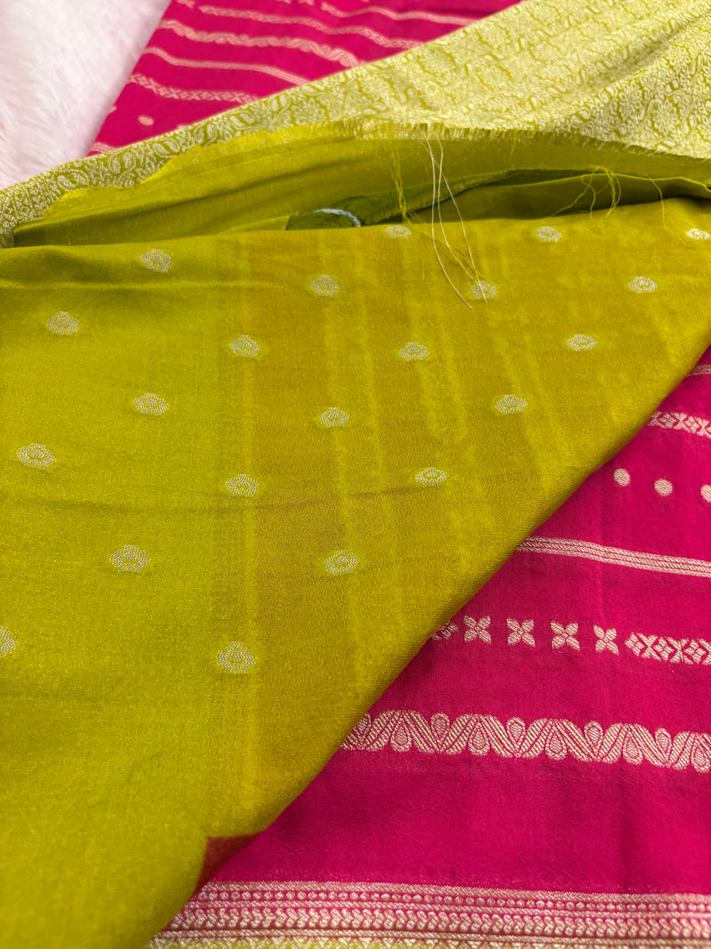 Pink x Green Viscose Silk Saree with Lines and Butta Pattern SALE