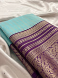 Sapphire Blue x Purple Semi Silk Saree with Chex Pattern and Leaf Butta