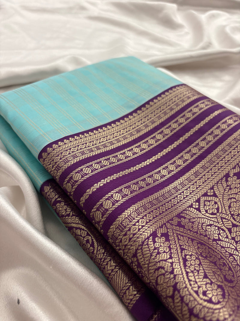 Sapphire Blue x Purple Semi Silk Saree with Chex Pattern and Leaf Butta
