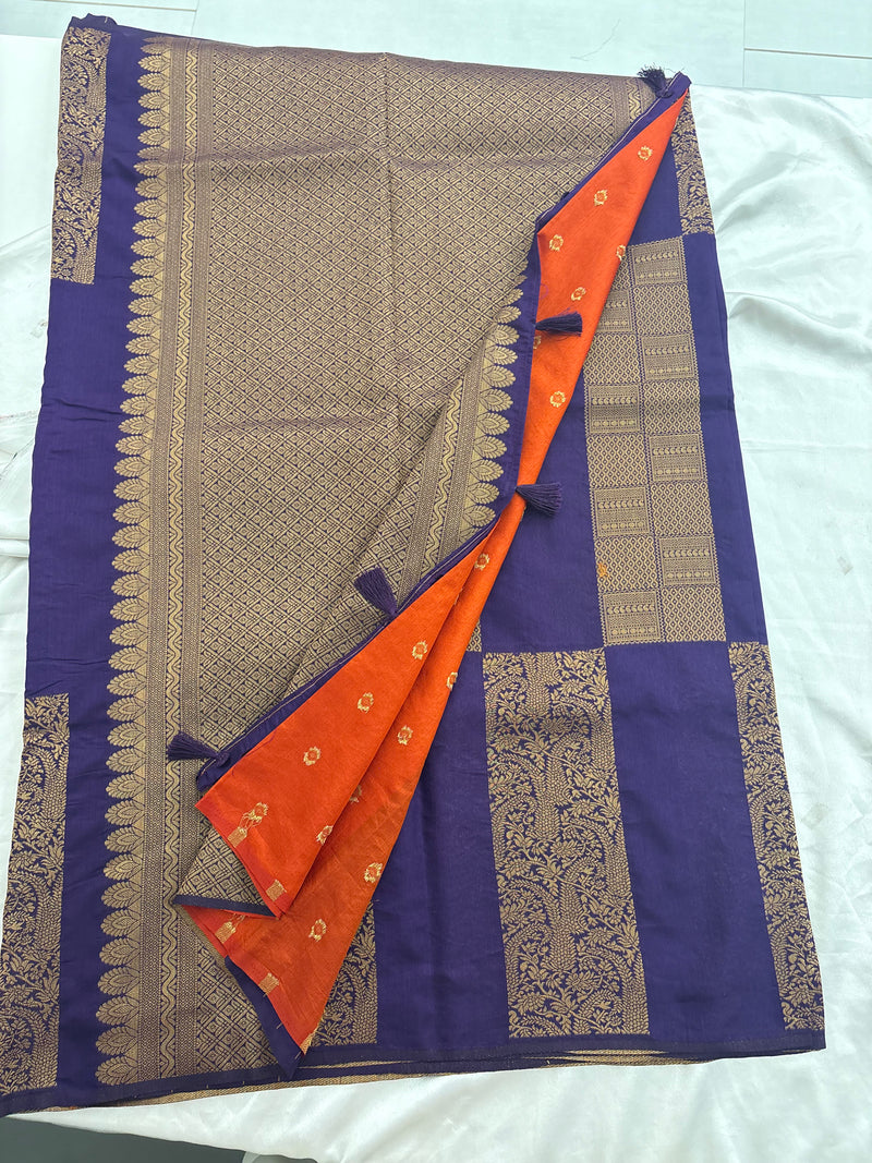 Purple x Orange Soft Cotton Designer Saree with Box Pattern and Zari